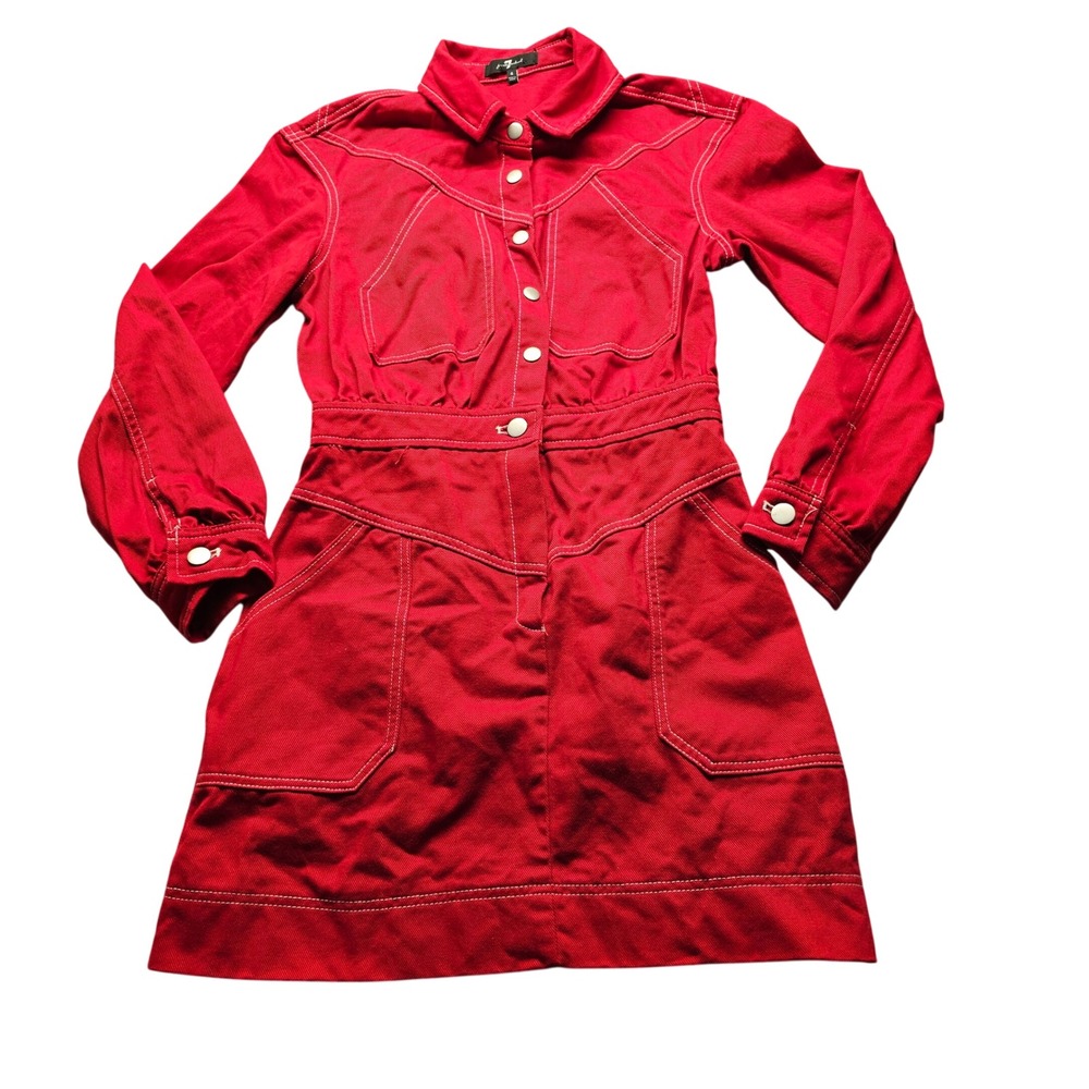 7 For All Mankind Red Denim Western Mini Dress Womens 4 Red Long Sleeve Cotton